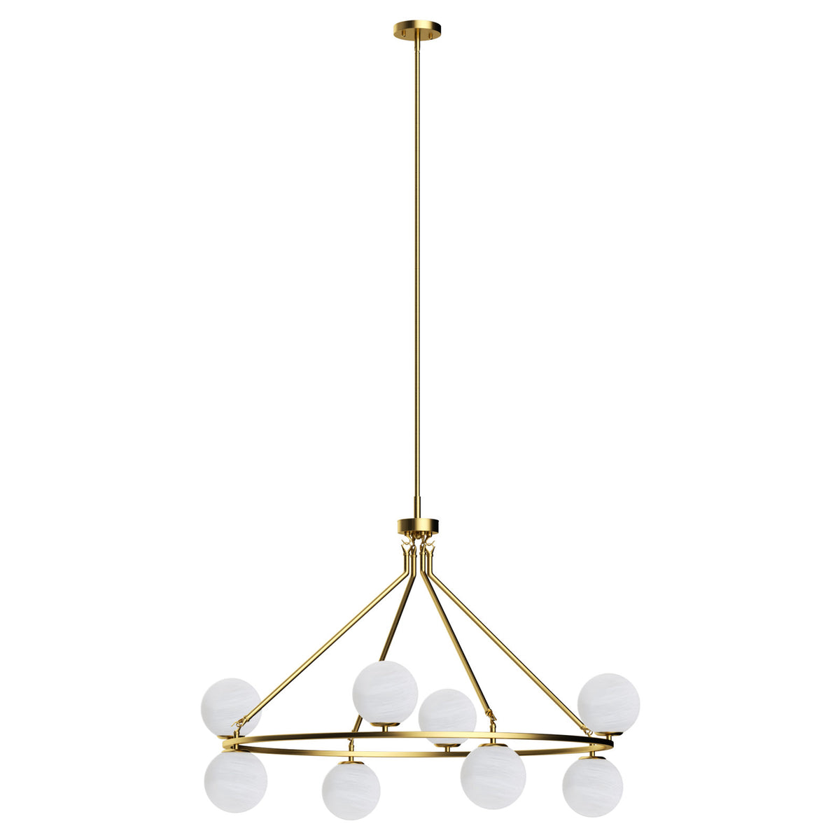 Wagon Wheel Chandelier, 8 Lights, Brushed Brass with Cloud Glass Shades