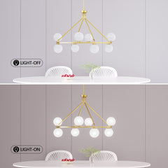 Wagon Wheel Chandelier, 8 Lights, Brushed Brass with Cloud Glass Shades