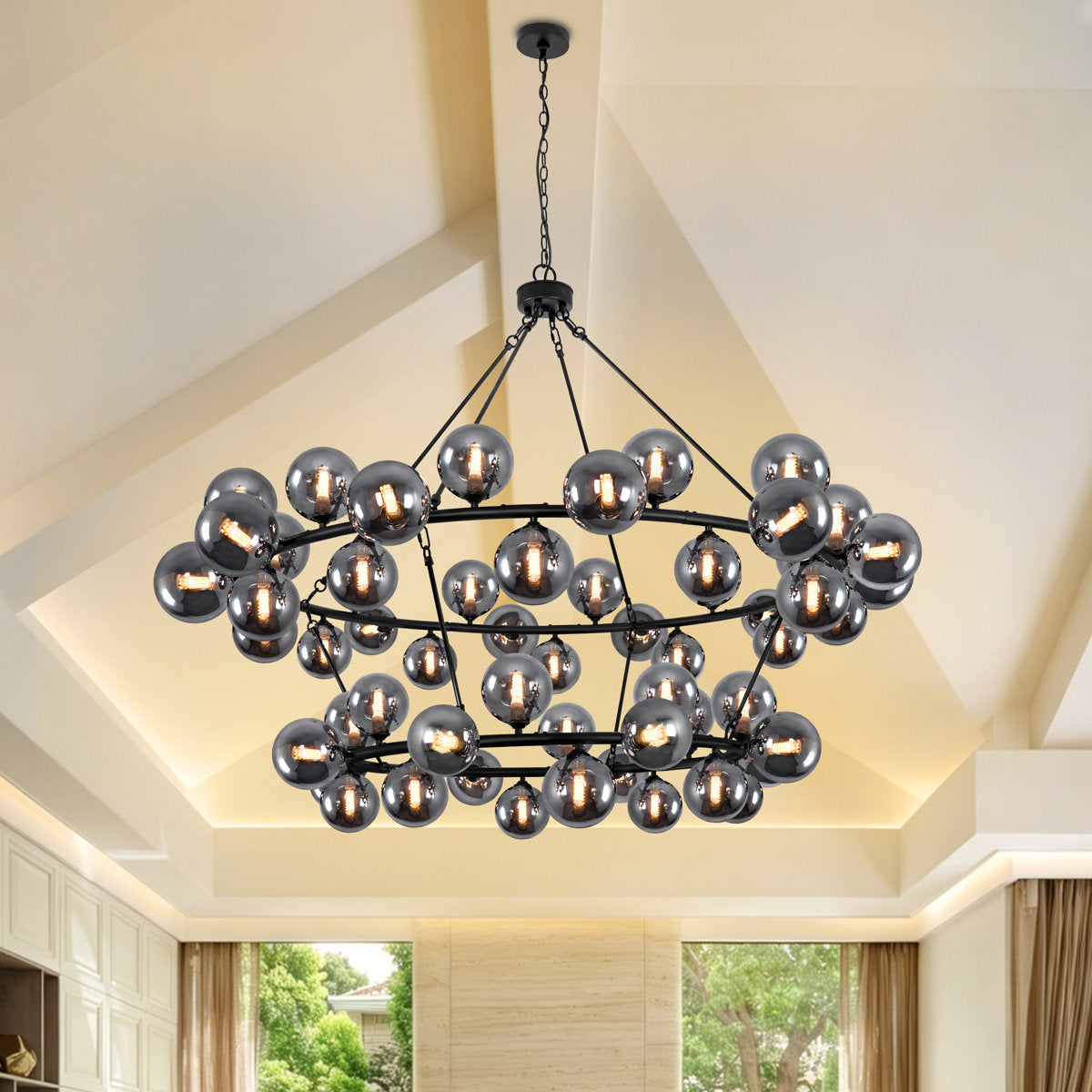 Wagon Wheel Chandelier, Matte Black Metal with Smoke Gray Glass Globes