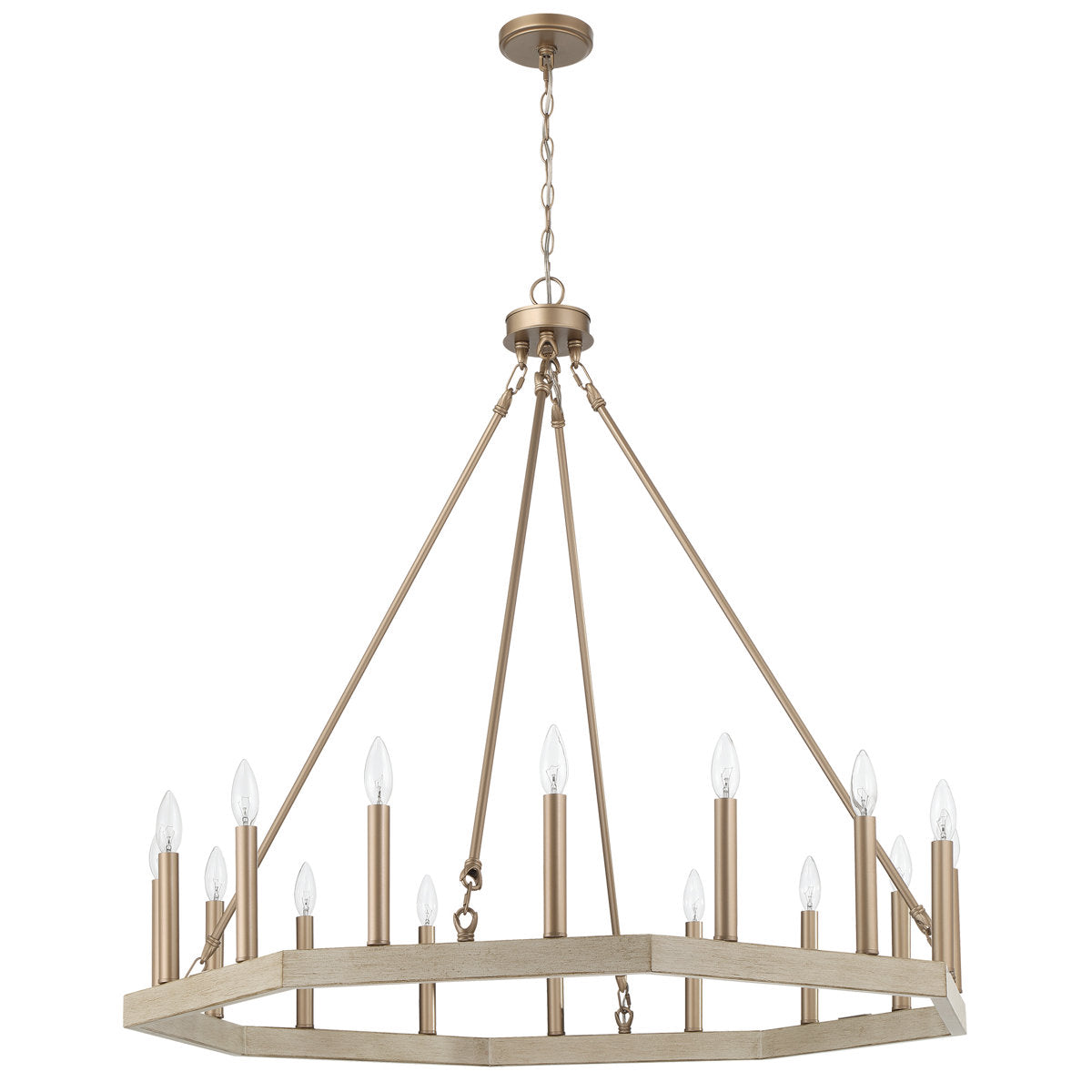 Wagon Wheel Chandelier with 16 Lights in French Oak and Champagne Brass