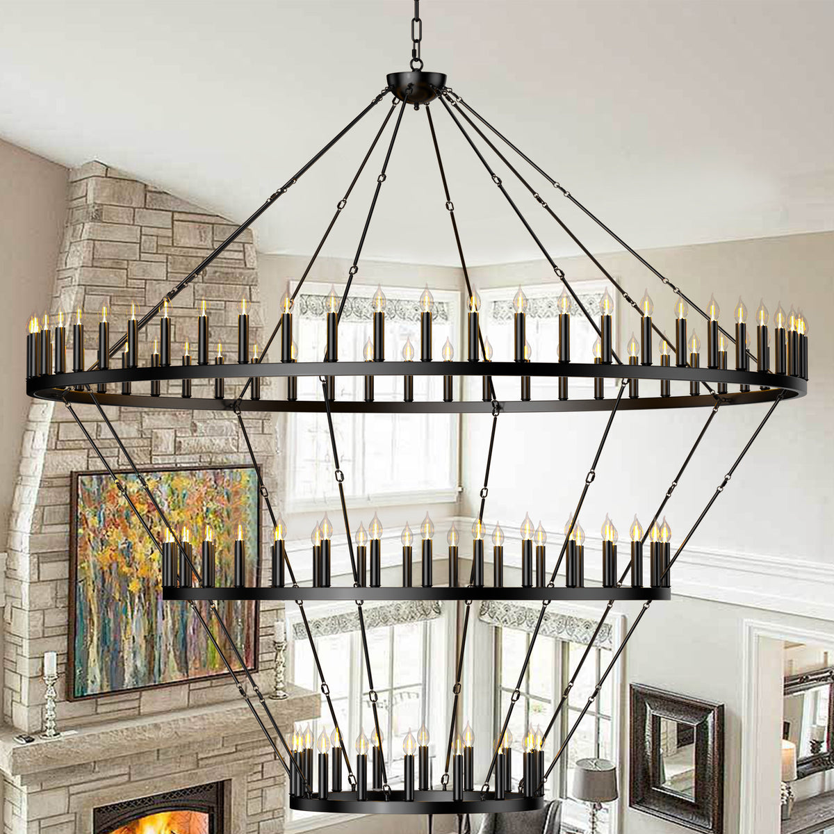 Wagon Wheel Chandelier with 3 Tiers and 104 Lights in Matte Black