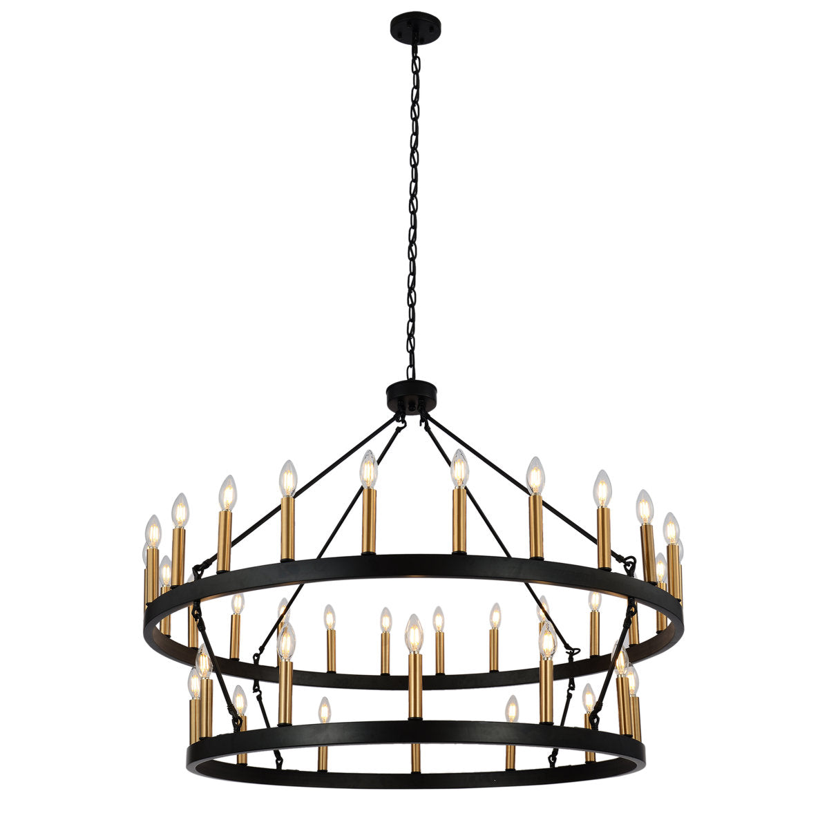 Wagon Wheel Chandelier with 36 Lights in Black and Bronze Iron