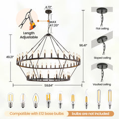 Wagon Wheel Chandelier with 54 Lights in Black Distressed Metal