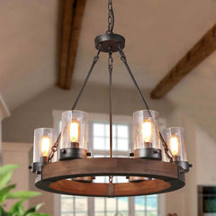 Wagon Wheel Chandelier with 6 Lights and Seeded Glass Shades