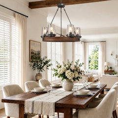 Wagon Wheel Chandelier with 6 Lights and Seeded Glass Shades
