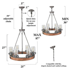 Wagon Wheel Chandelier with 6 Lights and Seeded Glass Shades