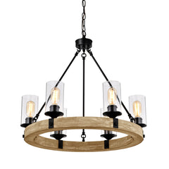 Wagon Wheel Chandelier with 6 Lights in Matte Black and Natural Maple
