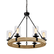Wagon Wheel Chandelier with 6 Lights in Matte Black and Natural Maple