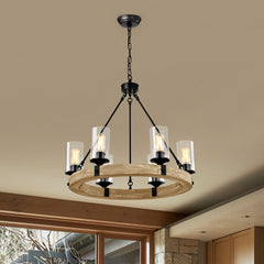 Wagon Wheel Chandelier with 6 Lights in Matte Black and Natural Maple