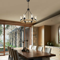 Wagon Wheel Chandelier with 6 Lights in Matte Black and Natural Maple