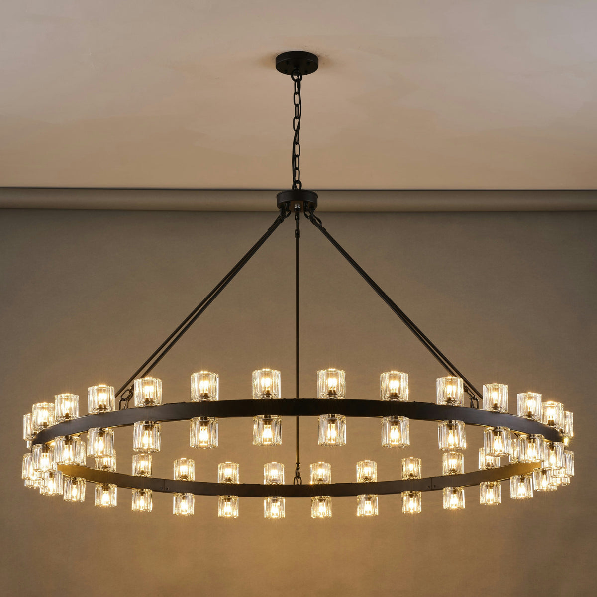 Wagon Wheel Chandelier with 60 Lights and Crystal Shades in Matte Black