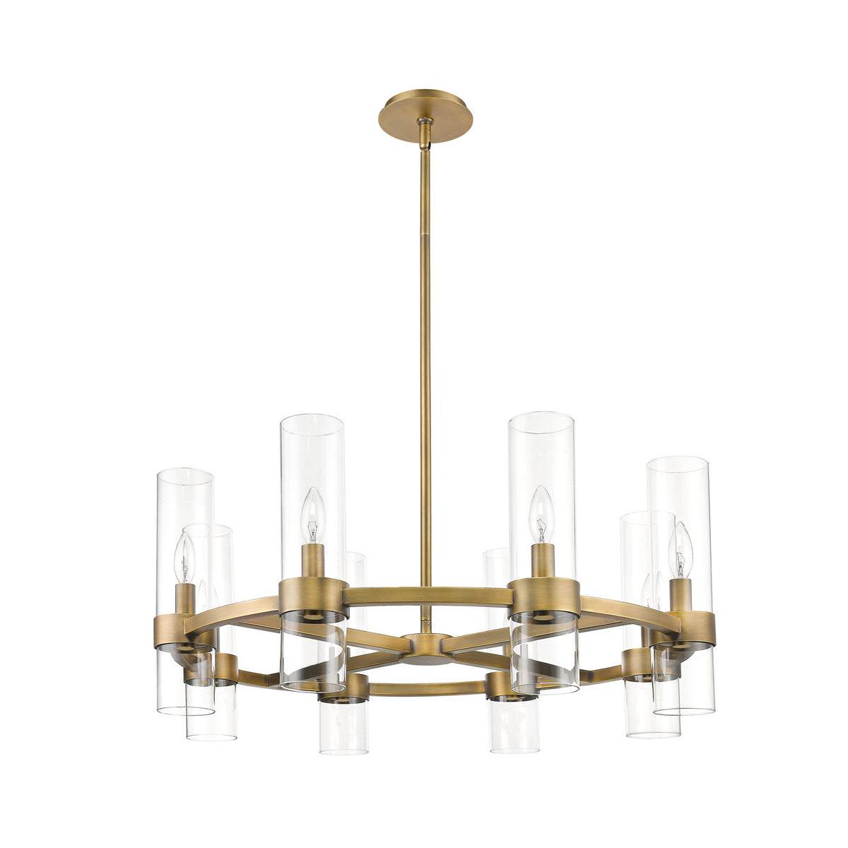 Wagon Wheel Chandelier with 8 Lights in Rubbed Brass and Glass