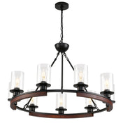 Wagon Wheel Chandelier with 9 Clear Glass Shades in Matte Black and Natural Wood