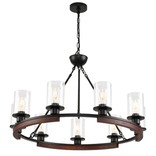 Wagon Wheel Chandelier with 9 Clear Glass Shades in Matte Black and Natural Wood