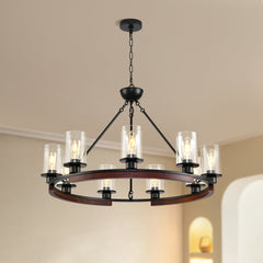 Wagon Wheel Chandelier with 9 Clear Glass Shades in Matte Black and Natural Wood