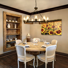 Wagon Wheel Chandelier with 9 Clear Glass Shades in Matte Black and Natural Wood