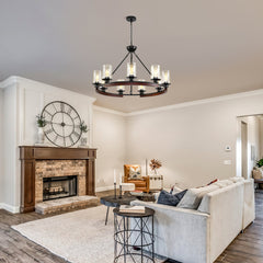 Wagon Wheel Chandelier with 9 Clear Glass Shades in Matte Black and Natural Wood