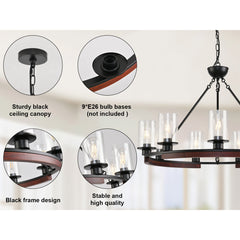 Wagon Wheel Chandelier with 9 Clear Glass Shades in Matte Black and Natural Wood
