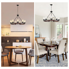 Wagon Wheel Chandelier with 9 Clear Glass Shades in Matte Black and Natural Wood