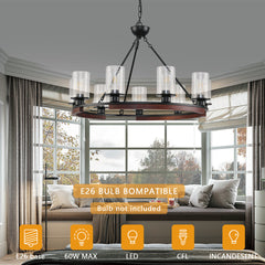 Wagon Wheel Chandelier with 9 Clear Glass Shades in Matte Black and Natural Wood