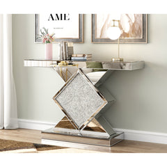Wall Mirror and Console Table Set, Antique-Gold Frame with Silver and Black Finish