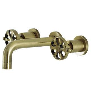 Wall Mount Bathroom Faucet, Belknap, Double Wheel Handle in Antique Brass