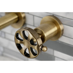 Wall Mount Bathroom Faucet, Belknap, Double Wheel Handle in Antique Brass