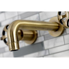 Wall Mount Bathroom Faucet, Belknap, Double Wheel Handle in Antique Brass
