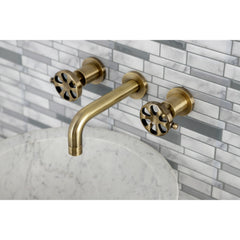 Wall Mount Bathroom Faucet, Belknap, Double Wheel Handle in Antique Brass