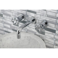 Wall Mount Bathroom Faucet, Belknap, Double Wheel Handle in Polished Chrome