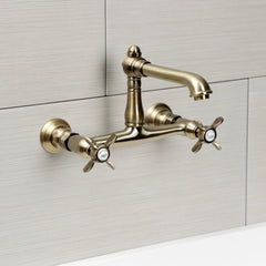 Wall Mount Bathroom Faucet, Heirloom, 2-Hole Double Handle in Antique Brass