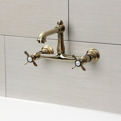 Wall Mount Bathroom Faucet, Heirloom, 2-Hole Double Handle in Antique Brass