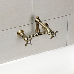 Wall Mount Bathroom Faucet, Heirloom, 2-Hole Double Handle in Antique Brass