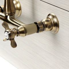 Wall Mount Bathroom Faucet, Heirloom, 2-Hole Double Handle in Antique Brass