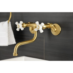 Wall Mount Bathroom Faucet, Heirloom, 2-Hole with Double Handles in Brushed Brass