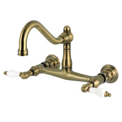 Wall Mount Bathroom Faucet, Heirloom, Double Handle in Antique Brass