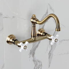 Wall Mount Bathroom Faucet, Heirloom, Double Handle in Antique Brass