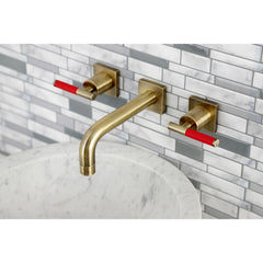 Wall Mount Bathroom Faucet, Kaiser, Double Handle 3-Hole in Antique Brass