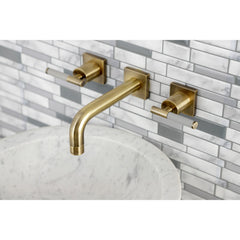 Wall Mount Bathroom Faucet, Kaiser, Double Handle 3-Hole in Antique Brass