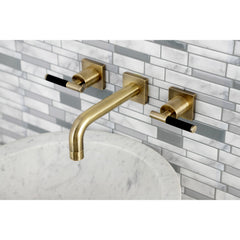 Wall Mount Bathroom Faucet, Kaiser, Double Handle 3-Hole in Antique Brass