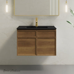 Wall-Mount Bathroom Vanity, St. Tropez, 30 Inch with Black Sink Top in Brown Oak