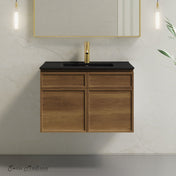Wall-Mount Bathroom Vanity, St. Tropez, 30 Inch with Black Sink Top in Brown Oak