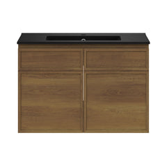 Wall-Mount Bathroom Vanity, St. Tropez, 30 Inch with Black Sink Top in Brown Oak