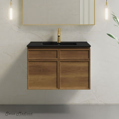 Wall-Mount Bathroom Vanity, St. Tropez, 30 Inch with Black Sink Top in Brown Oak