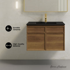 Wall-Mount Bathroom Vanity, St. Tropez, 30 Inch with Black Sink Top in Brown Oak