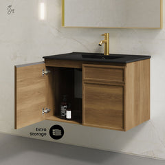 Wall-Mount Bathroom Vanity, St. Tropez, 30 Inch with Black Sink Top in Brown Oak
