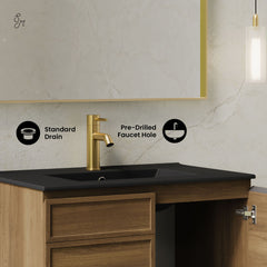 Wall-Mount Bathroom Vanity, St. Tropez, 30 Inch with Black Sink Top in Brown Oak