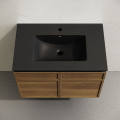 Wall-Mount Bathroom Vanity, St. Tropez, 30 Inch with Black Sink Top in Brown Oak