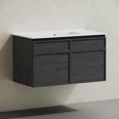 Wall-Mount Bathroom Vanity, St. Tropez, 36 In with Ceramic Top in Black Oak