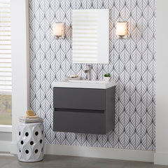Wall-Mount Bathroom Vanity with White Cultured Marble Top in Cement